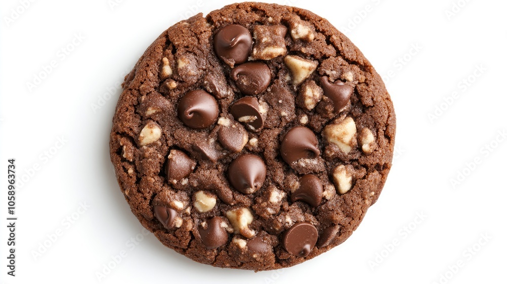 Double chocolate chip cookie seen from above isolated on a white background Double chocolate chip cookie seen from above isolated on a white background