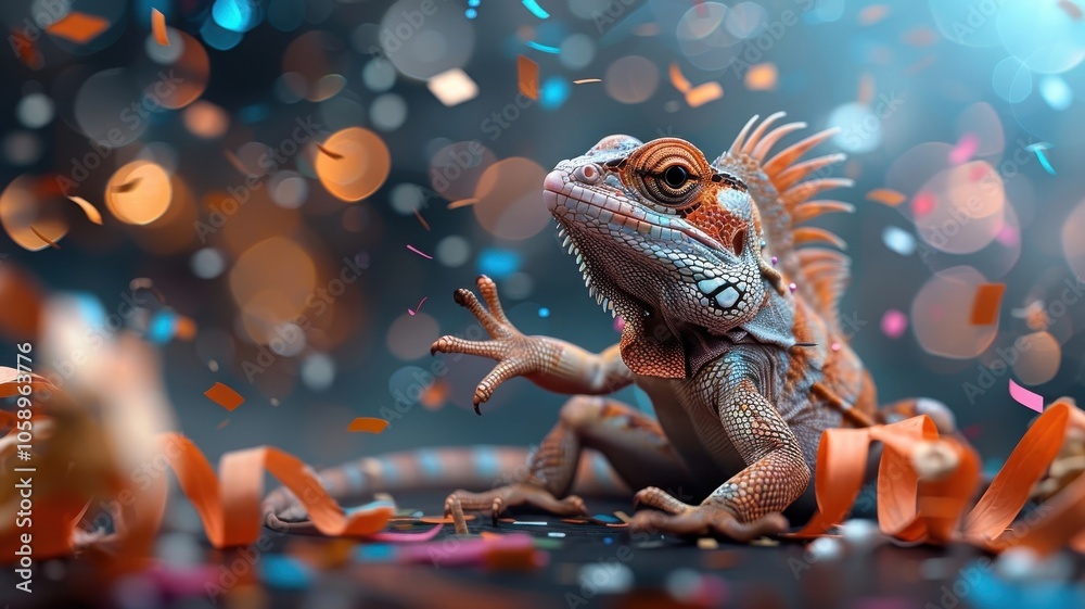 Playful basilisk dancing in glitter shower, for playful designs. Playful basilisk dancing in glitter shower, for playful designs.