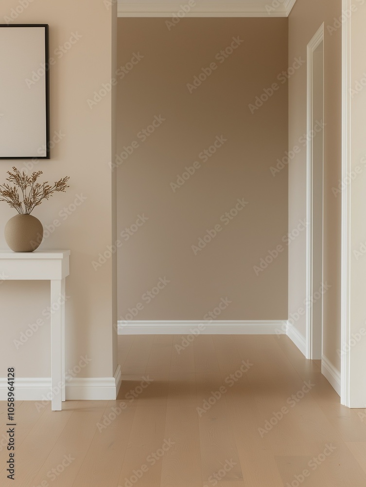 Fototapeta premium A bright, minimalist hallway with white walls, modern art hanging on the walls, and a sleek white console table with a small vase of flower