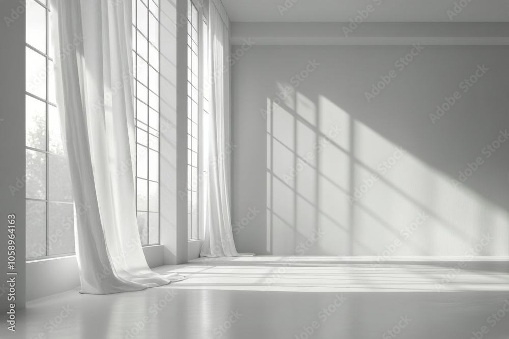 Obraz premium Bright and airy interior with large windows and flowing curtains during morning light