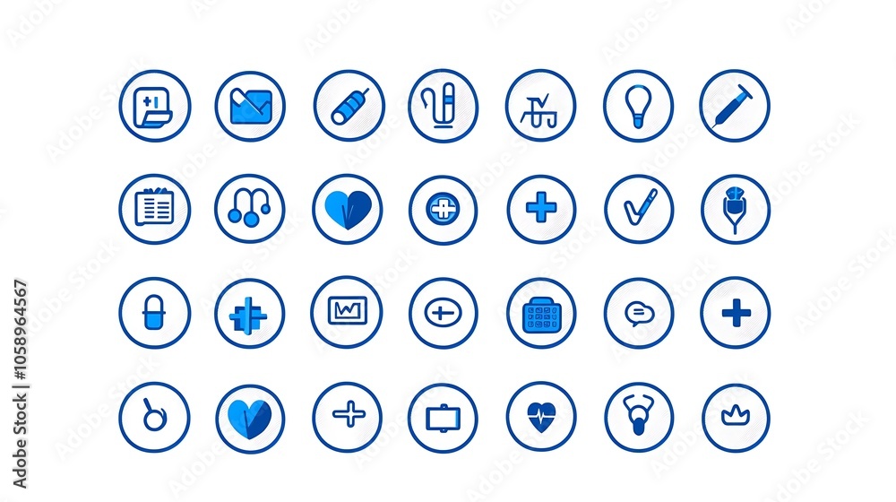 Medical and healthcare icons with clean vector lines and blue accents Medical and healthcare icons with clean vector lines and blue accents
