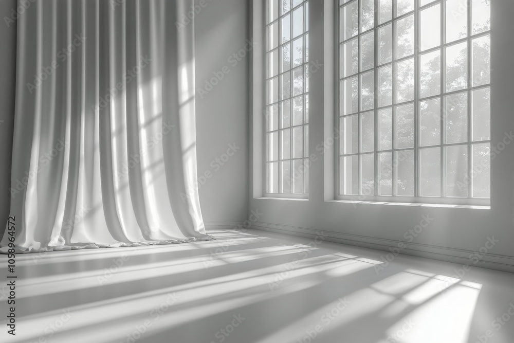 Fototapeta premium Bright and airy interior with large windows and flowing curtains during morning light