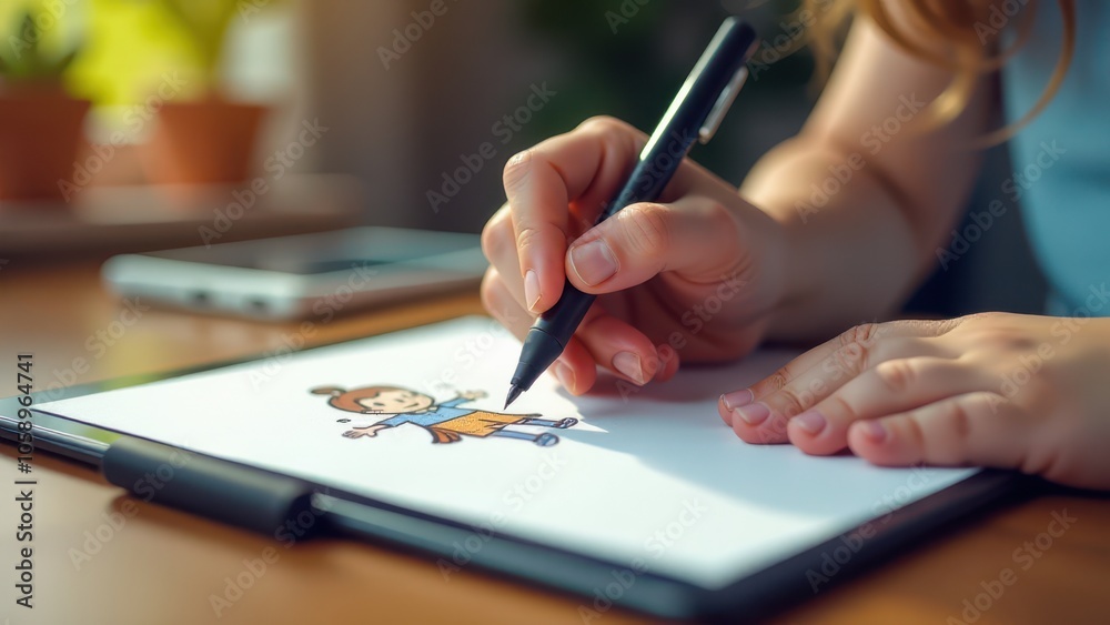 A young artist drawing on a tablet with a stylus, focused on creating digital art. A young artist drawing on a tablet with a stylus, focused on creating digital art.