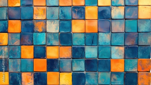 Colorful abstract texture featuring blue and orange complementary colors in a vintage retro geometric square mosaic tile design photo