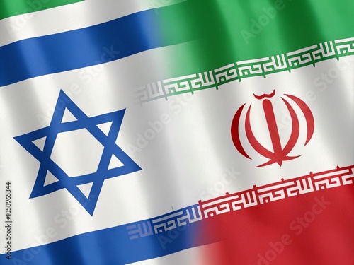 Flags of Israel and Iran against a background of fire.