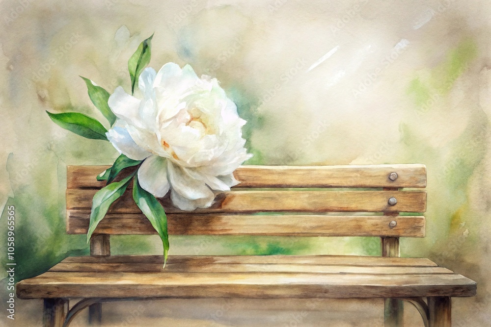 Watercolor painting of a bench with white peonies, table decor Watercolor painting of a bench with white peonies, table decor