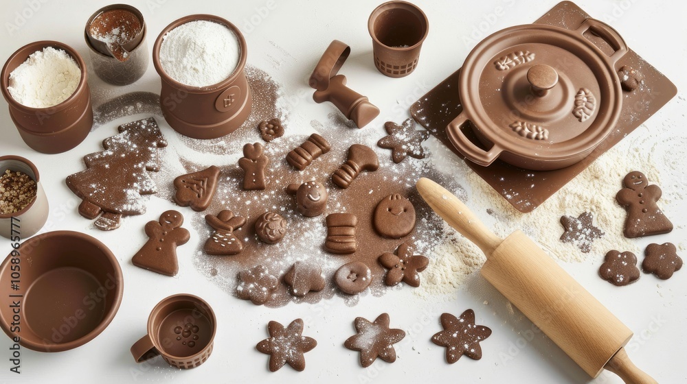 A flat lay of gingerbread dough with cutout Christmas cookies A flat lay of gingerbread dough with cutout Christmas cookies