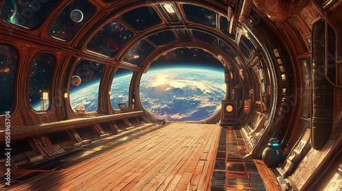 Fototapeta Naklejka Na Ścianę i Meble -  Space Station Corridor with Earth View