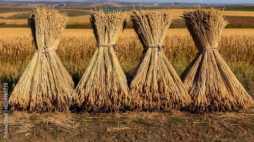 Harvested rice sheaves tied together in a field, ready for drying, rice sheaves, end of harvest
