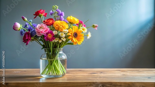 Vibrant mixed flowers in a delicate glass vase on a minimalist coffee table, arrangement, colorful, mixed flowers