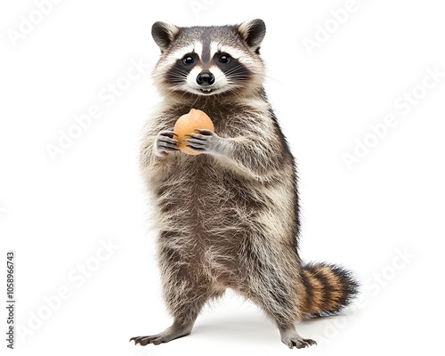 Plump Raccoon Standing on Hind Legs Holding Piece of Fruit on White Background