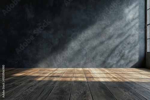 Empty room with wooden floor and dark wall illuminated by sunlight streaming through window