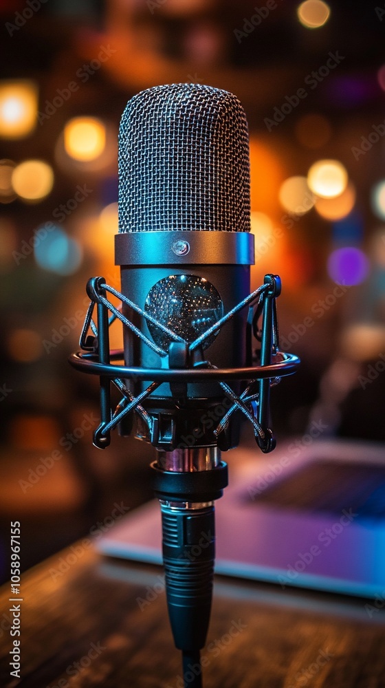 A professional microphone on a table, designed for audio recording in a vibrant setting. A professional microphone on a table, designed for audio recording in a vibrant setting.