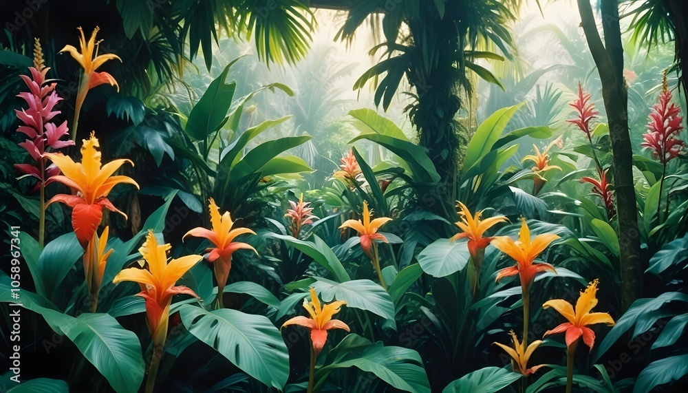 Tropical exotic pattern with animal and flowers in bright colors and lush vegetationn
