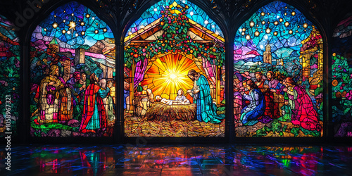 A Stunning Stained Glass Nativity Scene Illuminated By Vibrant Colors Depicting The Birth Of Jesus Christ, With Mary, Joseph, And The Adoring Shepherds And Wise Men Beneath A Star-Lit Sky