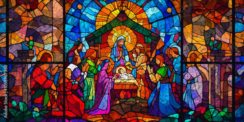 A Stunning Stained Glass Nativity Scene Illuminated By Vibrant Colors Depicting The Birth Of Jesus Christ, With Mary, Joseph, And The Adoring Shepherds And Wise Men Beneath A Star-Lit Sky