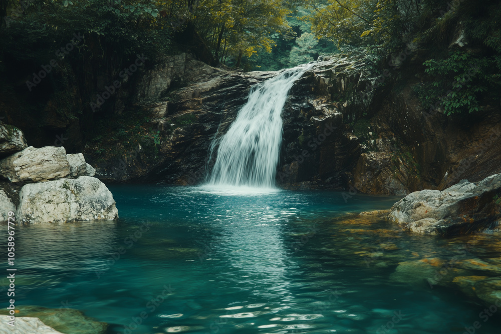 A serene waterfall in a dense forest with clear greenish water flowing gently A serene waterfall in a dense forest with clear greenish water flowing gently