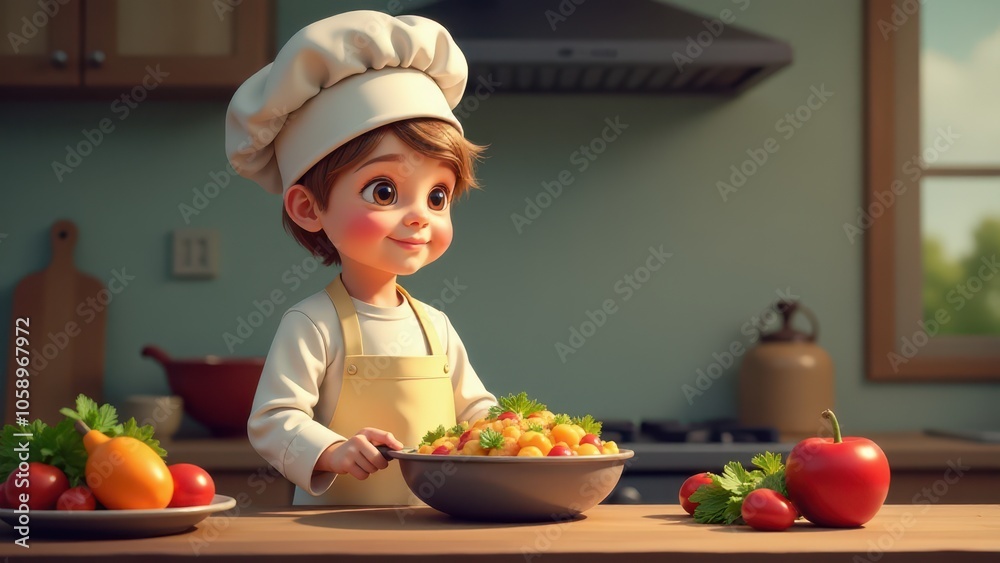 Child chef in a home kitchen, mixing ingredients with a smile. The colorful vegetables and cozy setting emphasize creativity and fun in cooking. Child chef in a home kitchen, mixing ingredients with a smile. The colorful vegetables and cozy setting emphasize creativity and fun in cooking.