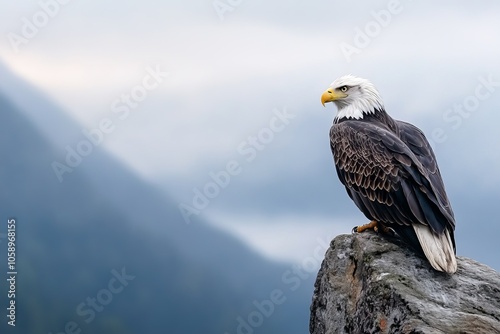 Majestic Bald Eagle Perched on a Rock Against a Mountainous Landscape