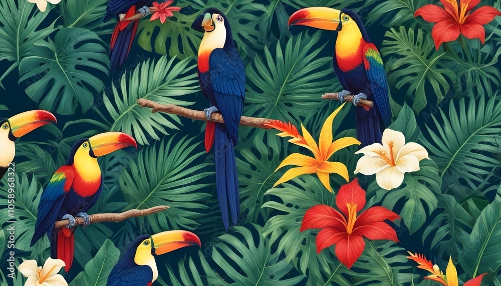 Fototapeta Tropical exotic pattern with animal and flowers in bright colors and lush vegetationn