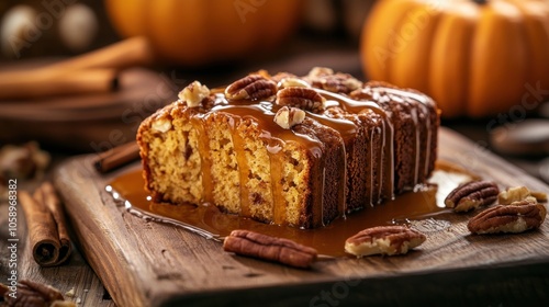 A delicious loaf cake topped with caramel, pecans, and surrounded by autumn decor.