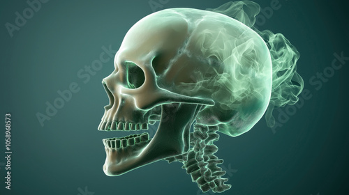 Digital illustration of a translucent human skull with a smokey texture effect, viewed from the side on a dark green background, showcasing intricate details and skeletal features.