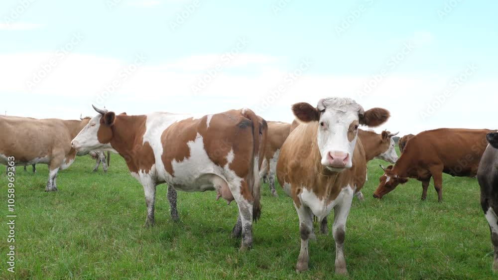 Cows graze in the pasture. Agriculture. Cattle breeding.