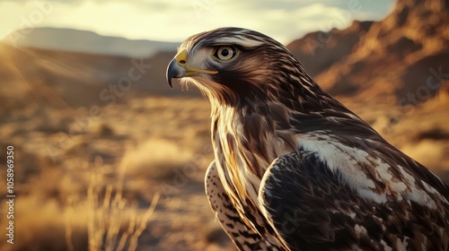 A close-up of a hawk in a natural setting during sunset.