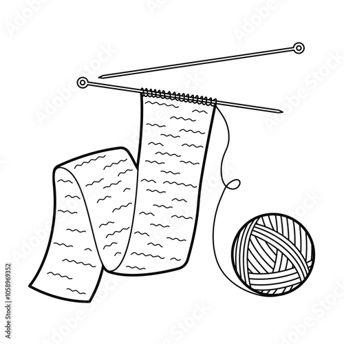 Knitting needles and ball of thread. Knitted scarf. Contour isolated on white background