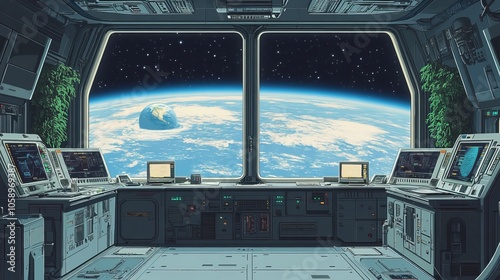 Fototapeta Naklejka Na Ścianę i Meble -  Space Station Control Room with Earth View