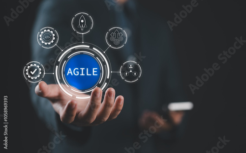 Wallpaper Mural Agile development methodology, Reducing step-by-step work and focusing on team communication. Businessman holding virtual agile icon for process that will help you work faster. Torontodigital.ca