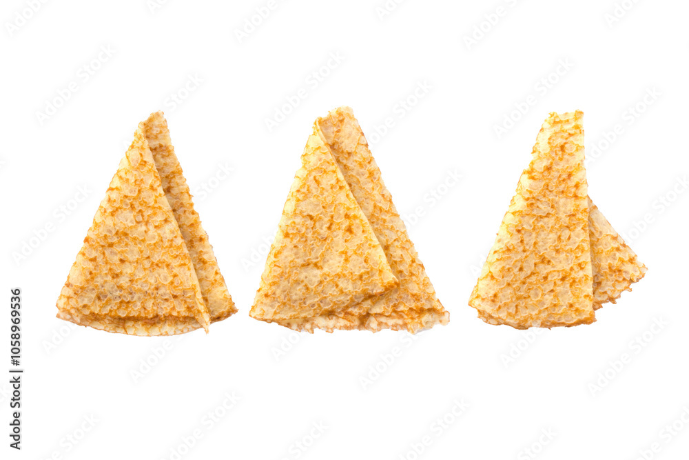 Close up on 3 folded crepes (french pancakes) isolated on transparent background, Candlemas holiday food, png file Close up on 3 folded crepes (french pancakes) isolated on transparent background, Candlemas holiday food, png file
