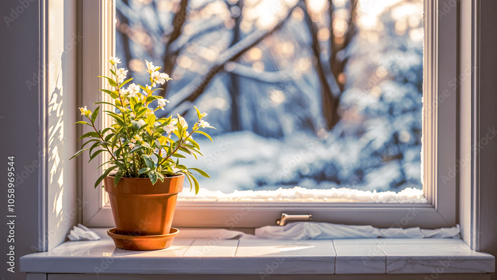 Winter Window with Potted Plant and Snowy Landscape Winter Window with Potted Plant and Snowy Landscape