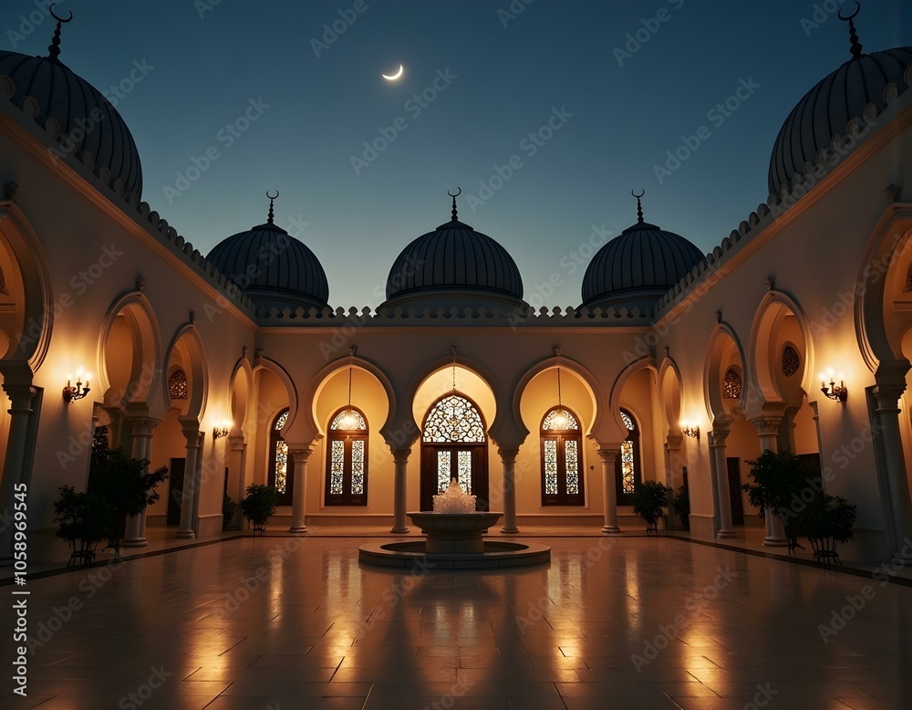 Fototapeta premium The crescent of the holy month of Ramadan illuminates the courtyard of the mosque