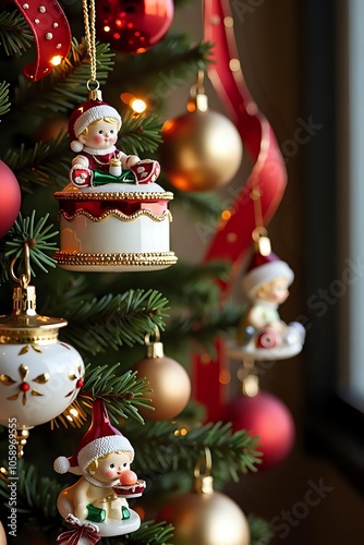 French festive Christmas tree adorned with whimsical Santon figurines, gold and red ornaments, and ribbon accents, with soft holiday lighting creating a cozy, cheerful atmosphere