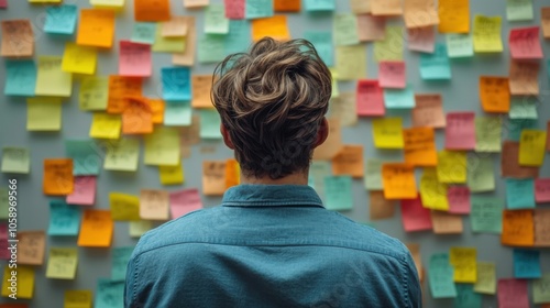 Man Looking at Wall Covered in Post-it Notes - Inspiration and Ideas