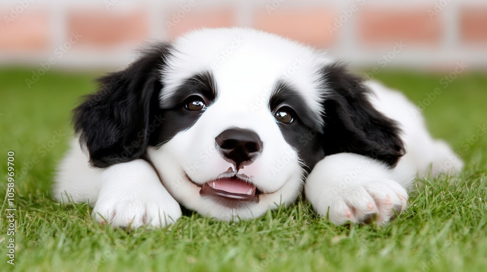 Adorable Black and White Puppy Lying on Green Grass Adorable Black and White Puppy Lying on Green Grass