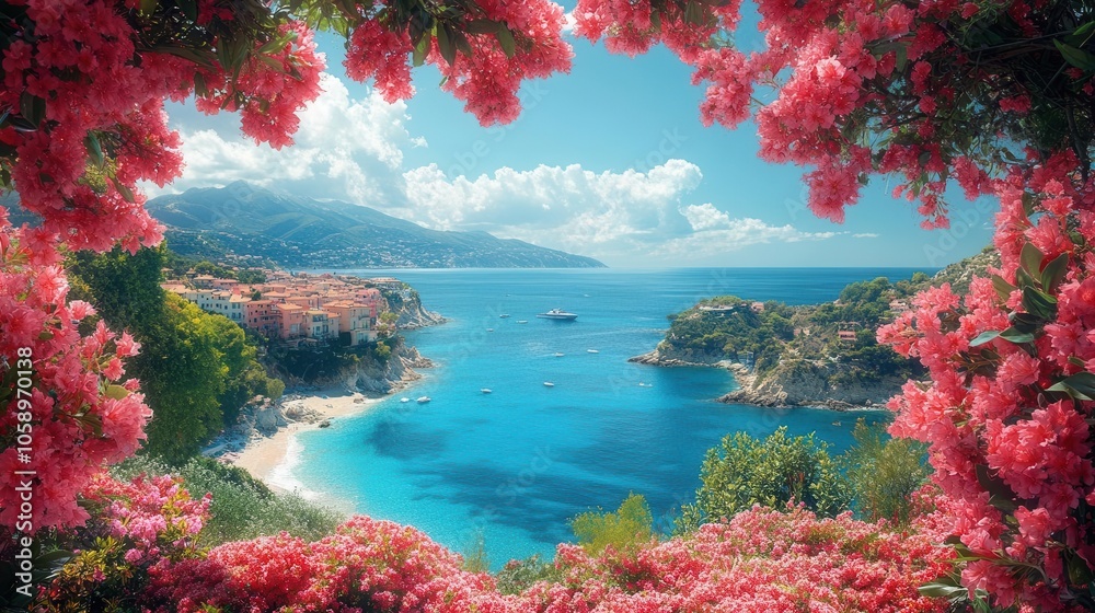 Naklejka premium stunning seafront landscape adorned with vibrant azalea flowers, overlooking a picturesque coastal town on the french riviera under a clear blue sky