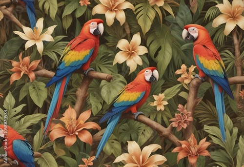 Tropical exotic pattern with animal and flowers in bright colors and lush vegetationn photo