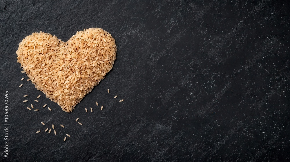 Obraz premium Artistic rice grains arranged in a heart shape on a dark background, rice heart, symbol of care