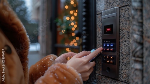 Woman using an intercom to enter a building during winter. photo