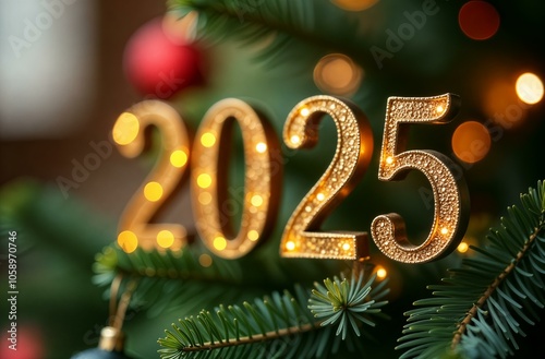 merry christmas and happy new year, number 2025 on bokeh background and christmas tree in year of snake 2025	