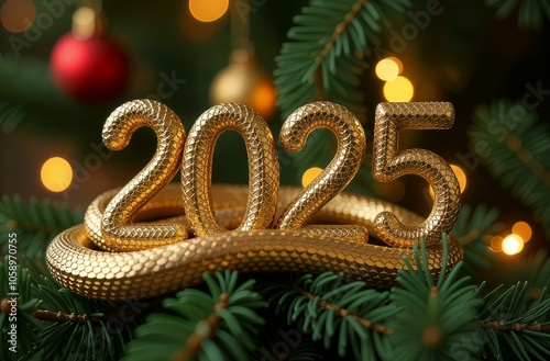 merry christmas and happy new year, number 2025 on bokeh background and christmas tree in year of snake 2025	