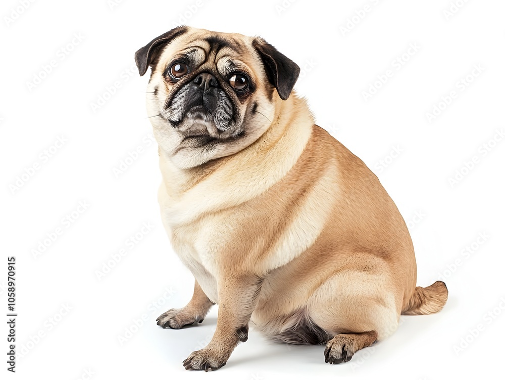 Chubby Pug Dog Sitting Contently on White Background Chubby Pug Dog Sitting Contently on White Background