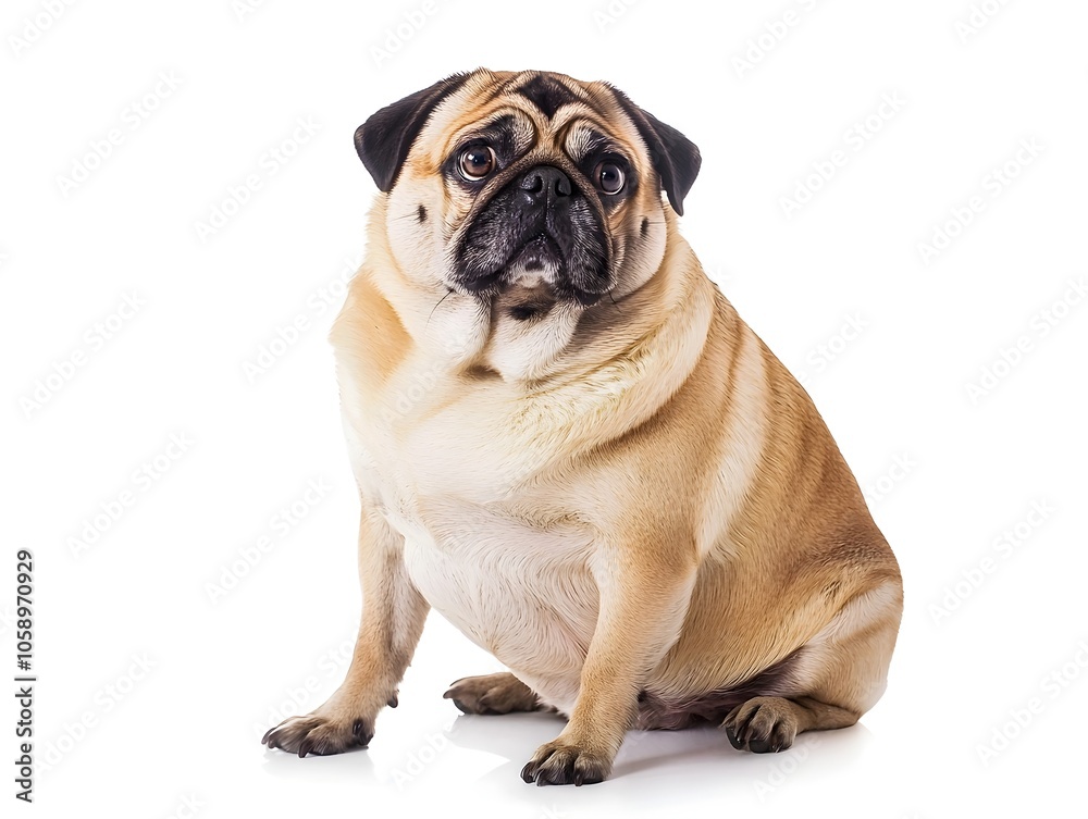 Chubby Pug Dog Sitting Contently on White Background with Copy Space Chubby Pug Dog Sitting Contently on White Background with Copy Space