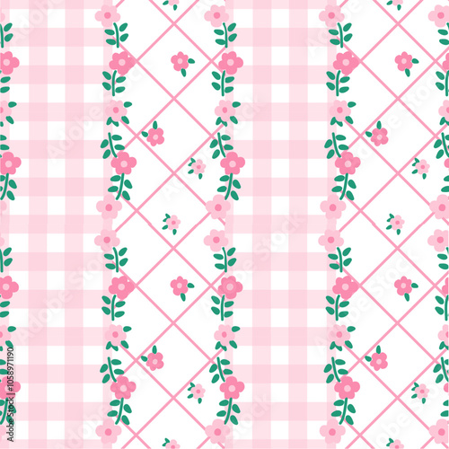 Vector pattern of fabric, wallpaper, wrapping paper, mats and bed sheets. Continuous and repeatable. Cute style. Designed in plaid alternating with small flowers and diamond-shaped horizontal grids.