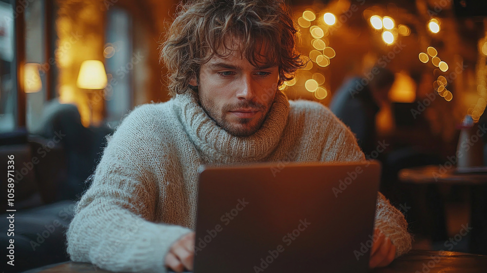 Young Entrepreneur Working on Laptop in Cozy Cafe Young Entrepreneur Working on Laptop in Cozy Cafe