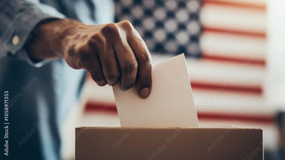 Casting a vote in front of an American flag
