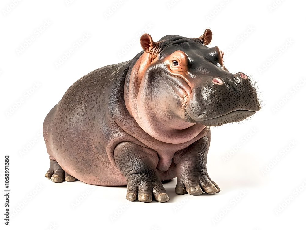Chubby Hippo Calf Sitting in Relaxed Pose with Soft Smile on White Background Chubby Hippo Calf Sitting in Relaxed Pose with Soft Smile on White Background