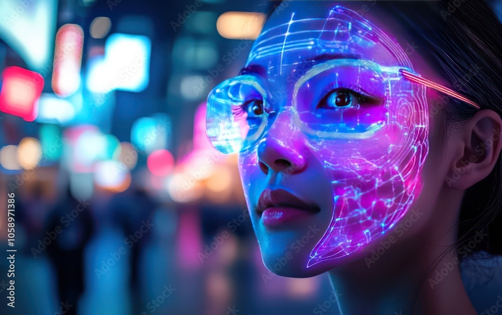 Woman with Futuristic Digital Face Overlay Woman with Futuristic Digital Face Overlay